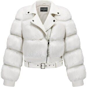 Women's Moto Style Cropped Faux Fur Leather Belted Biker Coat Zip Up White